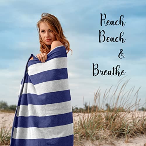SweetNeedle Beach Towels for Adults Pack of 2 - Royal Blue-White Cabana Striped Classic - 100% Cotton Terry Ringspun Pool Towel, Quick Dry, Super Absorbent Swimming large towel, 76x152 cm — view 5