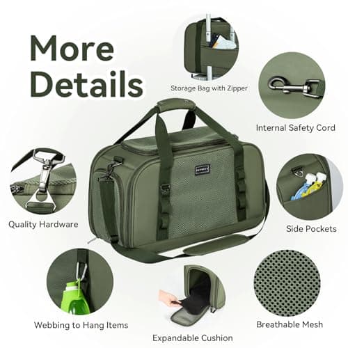 Petsfit Airline Approved Cat Travel Carrier – Portable Foldable Soft Pet Bag for Small Dogs & Cats, Ventilated, Shoulder Strap Included, Car & Plane Friendly, Olive Green, 49×23×28cm — view 4