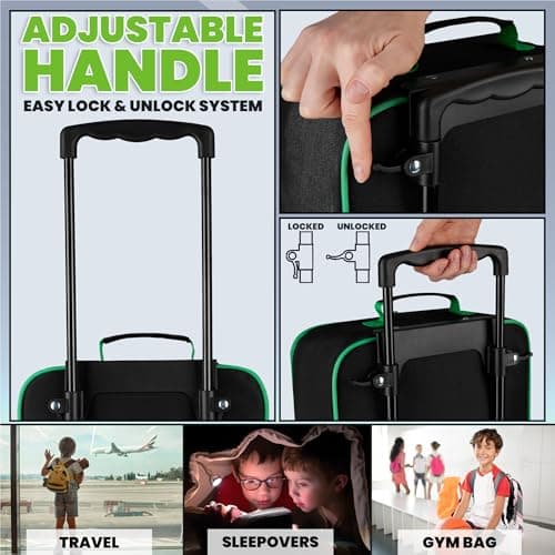 Minecraft Kids Suitcase for Boys and Girls Foldable Trolley Hand Luggage Bag Carry On Gamer Travel Bag with Wheels Size Cabin Bag Wheeled Bag with Handle Trolley Suitcase Boys, Black/Green — view 3
