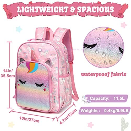 VASCHY 11.5L Lightweight Backpack for Boys Girls Water Resistant Backpack with Reflective Chest Strap with Elastic Bottle Pockets for Kindergarten, Glitter Unicorn, Taille unique, daypack backpack — view 2