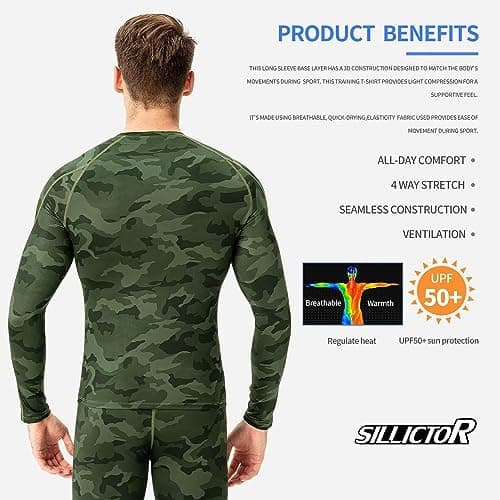 Sillictor Mens Base Layer Tops for Ski Golf Cycling UPF 50+ Mens Compression Tops Long Sleeve Running Tops for Men Quick Dry Gym Football Underlayer,Cool High Wicking Muscle Support Camo Green M — view 4