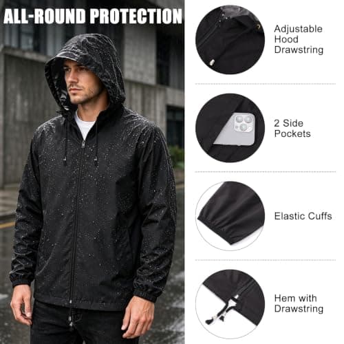BBXWANG Mens Waterproof Jackets Lightweight Packable Rain Jacket Men Raincoat Black Men's Outdoor Waterproof Jackets with Hood for Walking Cycling Hiking Travel (UK, Alpha, XL, Regular, Regular) — view 4