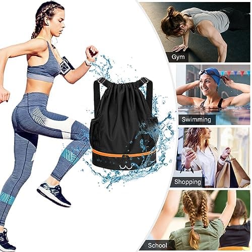 RYACO Drawstring Backpack Sports Gym Bag, Water Resistant String Sackpack Large Size with Zipper and Water Bottle Mesh Pockets for Gym Shopping Sport Yoga School Swimming Beach (Black & Orange) — view 6