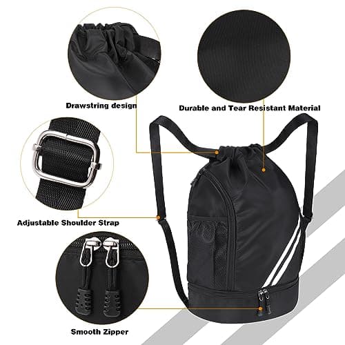 Drawstring Gym Backpack, Waterproof Sports Bag with Shoe Compartment, Large Capacity Gym Bag, Black PE Bags, Sorts Backpacks for Men Women, Durable Drawstring Backpack for Football, Swimming, Holiday — view 5