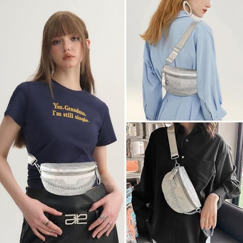 Long Keeper Sparkly Bum Bag Fanny Pack for Women Teen Girls Rhinestones Waist Bag Party Holographic Bumbags Ladies Shiny Bling Bag Cross Body Chest Bag (White) — view 5