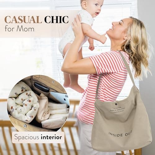 Large Canvas Tote Bag for Women 3 Small Inside Pockets-Vintage Crossbody Handbag for Work, Beach, Travel-16oz Cotton, Khaki, One Size — view 6