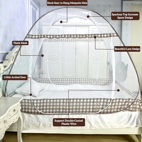 Digead Mosquito Net, 120x200cm Bed Canopy, Portable Travel Mosquito Nets, Foldable Double Door Mosquito Camping Curtain - Brown Edge — view 2