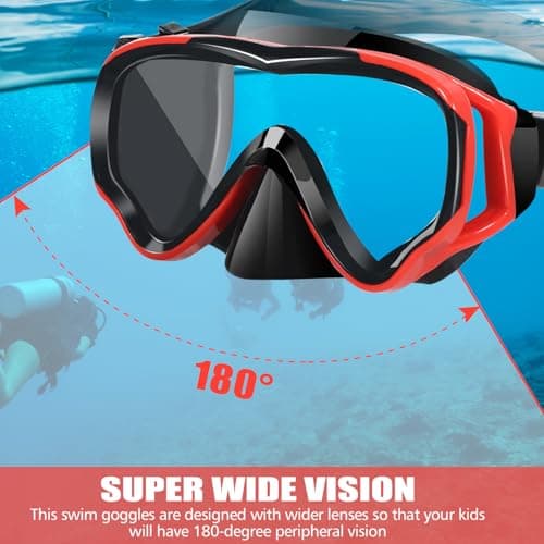 HIKOTEY Snorkel Mask for Kids(4-16 Years),180°Panoramic View Diving Mask With Tempered Glass Lenses,Anti-fog, Anti-leak Technology,Adjustable Silicone Strap,Includes Earplugs and Nose Clip (Red+Black) — view 3
