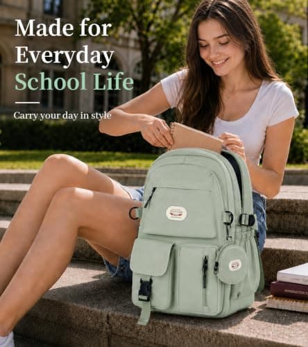 BECOJADDE Backpack School Bag for Women and Girls, 15.6" Laptop, Green 25L — view 2