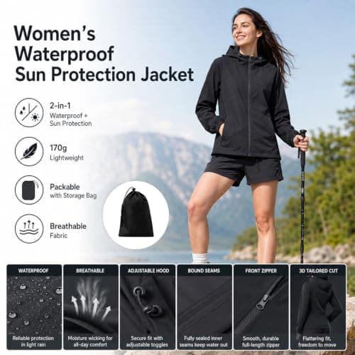 Innfttwo Lightweight Rain Jackets Womens Ladies Waterproof Jackets with Hood Packable Raincoat Women for Running Cycling Hiking (UK, Alpha, S, Regular, Regular, Black) — view 5