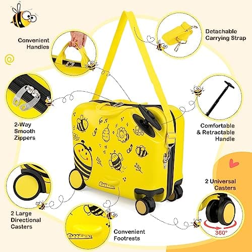 Maxmass 2 PCS Kids Luggage Set, 12" & 18" Children Ride on Suitcase and Backpack with Adjustable Handle, Anti-Lose Rope, Girls Boys Hard Shell Trolley Case for School Travel (Yellow Bee) — view 4