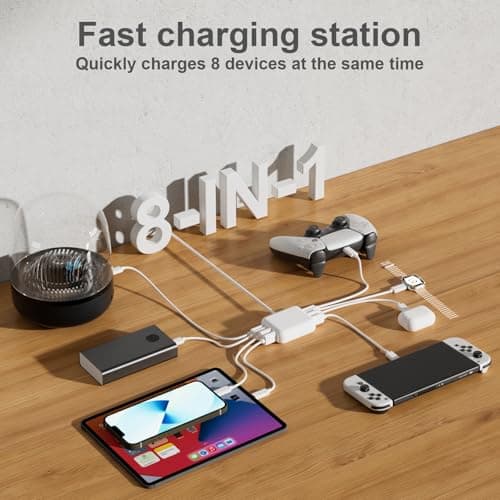 Qurzou USB Charging Station 40W, 8 Port USB C Charger Hub Multiport,PD Fast Charger Dock for iPhone,iPad,Samsung, Tablets,Fan (WHITE) — view 2