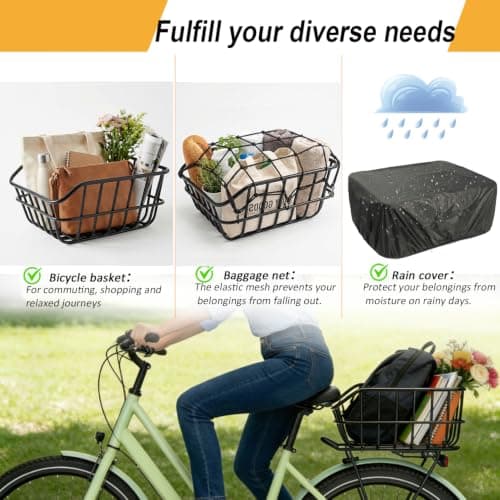 HopesEager Rear Bicycle Basket with Rain Cover, Luggage Net, Large Metal Bicycle Basket at the Back, Robust Rear Bicycle Basket for Most Bicycles and E-Bikes — view 5