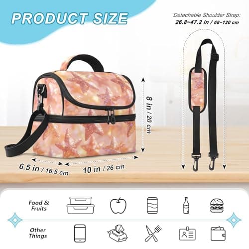Caihoyu Double-layer Lunch Bag Rose Gold Glitter Stars Soft Cooler Cooling boxes? with Shoulder Strap for Beach, Camping, Road Trips — view 3