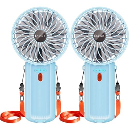 2 Pack Portable Fan Handheld Fan with Neck Lanyard, Battery Operated Electric Powered USB Rechargeable Fans, 6-15H Cooling, 180° Foldable 4 Speeds Mini Fans for Travel Outdoor Home Office, Light Blue