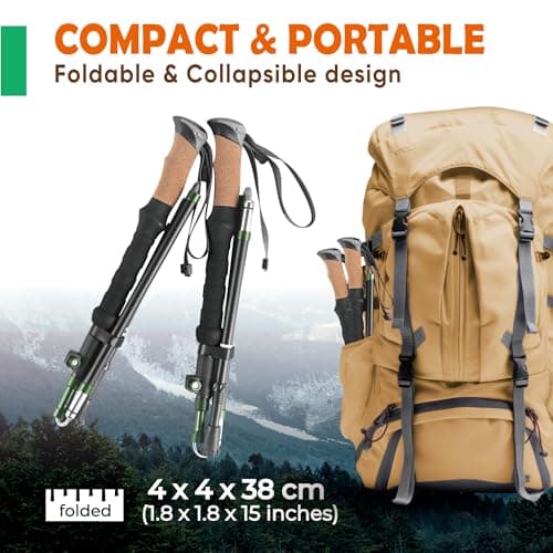 TREKOLOGY Trekking Poles – Collapsible Hiking Poles with Cork Handle - Ultralight Folding Walking Poles for Women & Men, Lightweight Aluminum Hiking Sticks & Walking Sticks (Black with Green) — view 3
