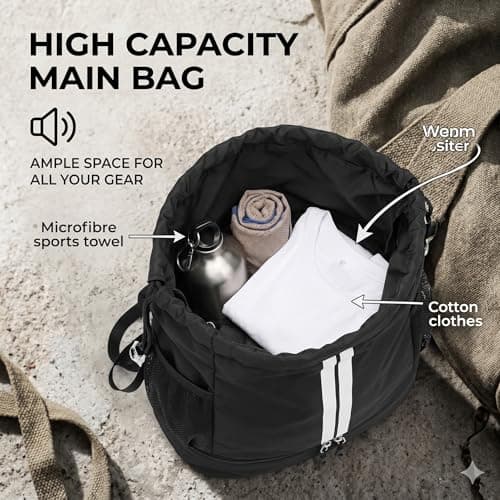 Black Unisex Drawstring Backpack with Shoe Compartment, Water Resistant — view 3