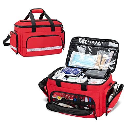 Damero Multi Pockets Medical Emergency Bag with Detachable Dividers, Red