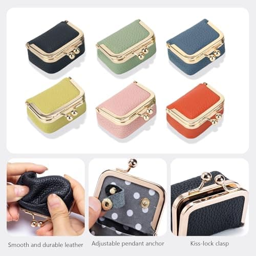 Nefokfdus Genuine Leather Mini Jewelry Box Coin Purse for Women,Solid Color Kiss Lock Jewelry Case Organizer,Mini Travel Ring Box, Pink, Pouch — view 3