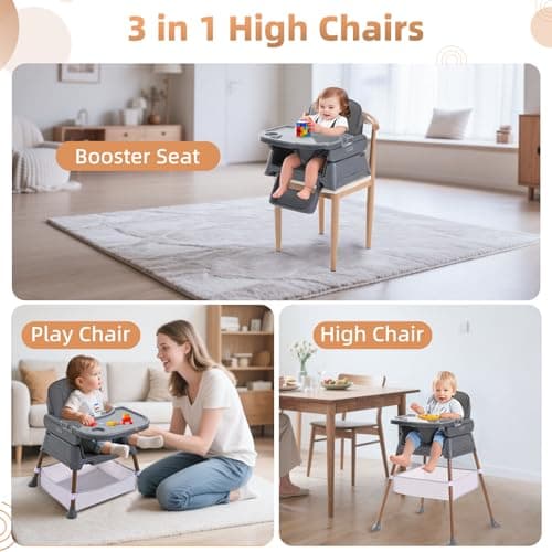 High Chairs for Babies and Toddlers, Adjustable Convertible 3 in 1 Baby High Chair, Portable Compact Baby Infant Feeding Chair Travel Highchair Booster for Toddler, from 6 Month to 3 Years Dark Grey — view 3