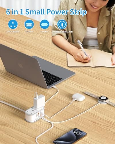 Travel Extension Lead, BEVA Power Strip with Retractable USB C Cable, 2 Way Power Socket with 3 USB Ports (1 USB C), 1.5M Extension Cable Cords for Cruise Travel Hotel Home Office Camping - White — view 2