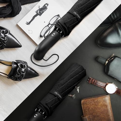 Umbrella Windproof Compact - Strong Storm Proof Frame + Auto Open Close | Women Mens Lightweight Small Travel Folding Golf Brolly + Double Canopy, Ergonomic Handle | Water Resistant Teflon Black — view 6