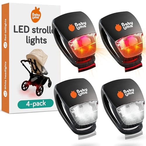 Baby Uma LED Pushchair Lights (4 Pack) - Universal with 3 Light Modes (Constant/Pulse/Strobe), Pram & Bike Lights Front and Back (2 White Headlights & 2 Red Taillights), Clip-On Bike Light Set