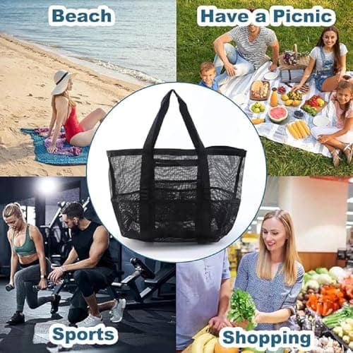 HUSHRICH Mesh Beach Bag Lightweight Large Tote Bag Sand Free, 10 Pockets Handheld Beach Hollow Mesh Bags Black Large Capacity Shoulder Beachs Bags Pool Vacation — view 2