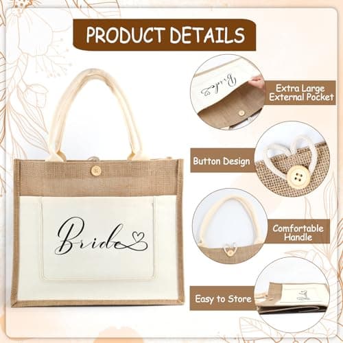 Bride Jute Tote Bag, Bridal Shower Wedding Bachelorette Bride Gifts Shoulder Bag, Reusable Shopping Bags for Wedding Day Engagement Proposal Hen Party Suitable for Travel Picnic Beach Holiday — view 6
