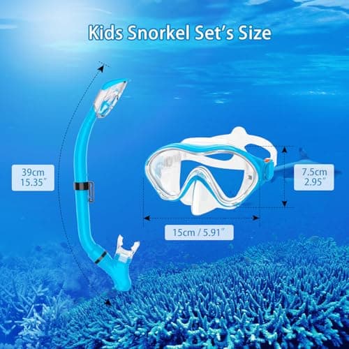 Snorkeling Gear for Kids with Foldable Silicone Full Dry Snorkel, Kids Snorkel Set Anti Leak Youth Junior Snorkeling Package Diving Mask Soft Tube with Mesh Bag Swimming Goggles, Sky Blue — view 5