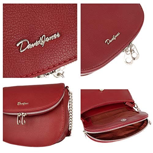 David Jones - Women's Small Crossbody Bag - Ladies Chain Shoulder Bag PU Leather - Zipper Flap Messenger Bag Multiple Pocket - City Casual Saddle Handbag - Work Travel Phone Clutch Purse Burgundy Red — view 5