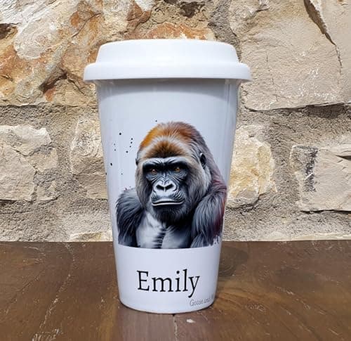 Personalised Gorilla Travel Mug, Gift for Safari Lover, Thank you present for Zoo Animal Lover, Hot Drinks Flask, Insulated Coffee Cup — view 6