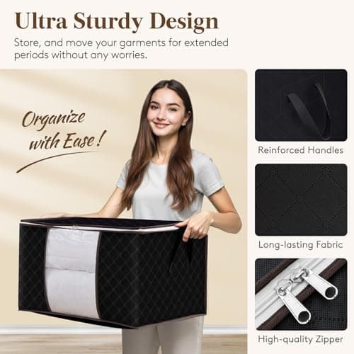 Lifewit 95L Clothes Storage Bags Large Storage Box With Lid Packing Boxes for Moving House With Reinforced Handle Thick Fabric Clear Window for Clothes Duvet Blankets Bedding, 6 Pack, Black — view 4