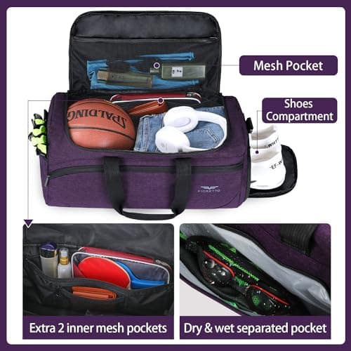 FIORETTO 35L Mens Sports Gym Bag with Wet Pocket & Shoe Compartment,Travel Duffle Bag Overnight Bag with Padded Shoulder Strap, Water-Resistant Sports Holdall for Swimming, Basketball Dark Purple — view 2