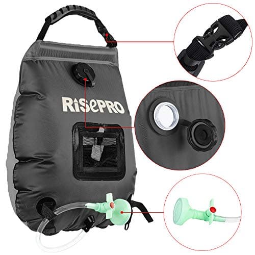 RISEPRO Solar Shower Bag, 5 gallons/20L Solar Heating Premium Camping Shower Bag Hot Water with Temperature 45°C Removable Hose on/off Switchable Shower Head Hiking Climbing Summer Shower Black K8 — view 3