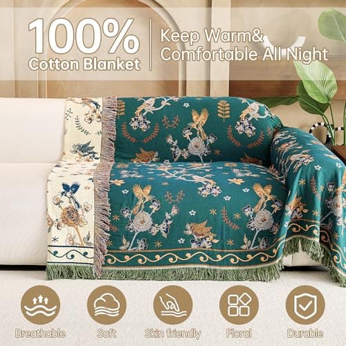 VANJOROY 100% Organic Cotton Fall Boho Throw Blanket for Sofa and Bed,Green — view 4