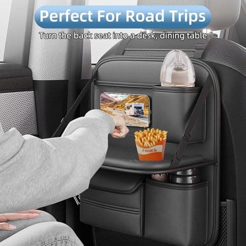 Singring Leather Car Backseat Organizer with Foldable Table Tray, Waterproof Car Seat Back Protectors Kick Mats, Foldable Car Table for Backseat Headrest with Pockets — view 5