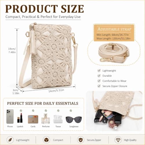 Crossbody Bag, Crochet Phone Bag White Leather Small Woven Shoulder Purse Flowers Bohemian Handbag with Adjustable Strap for Wedding Evening Summer Beach Travel Party 14 × 9 × 3cm (Off White) — view 3