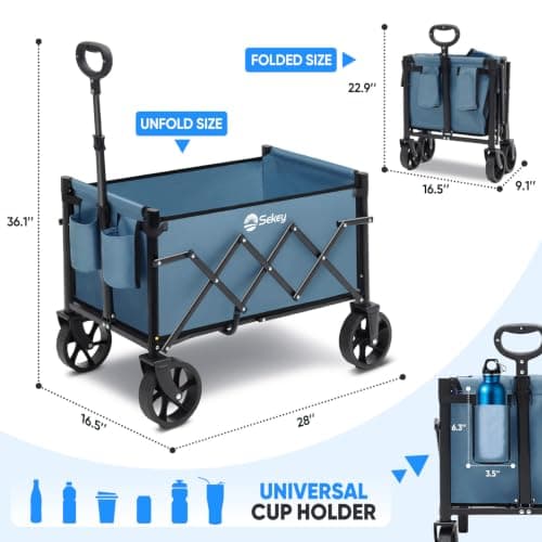 Sekey 220LBS Folding Festival Trolley on Wheels, Heavy Duty Camping trolley with All-Terrain Wheels, Portable Beach wagon, Adjustable Handle, Space-Saving Cart for Shopping Outdoor - Blue — view 2