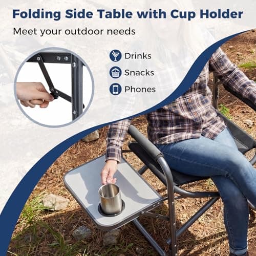 COSTWAY Folding Directors Chair, Oversized Camping Chairs with Side Table and Cup Holder, Outdoor Heavy Duty Beach Chair for Lawn Picnic Hiking Fishing (Black, 82 x 46 x 88cm, no Storage Pocket) — view 5