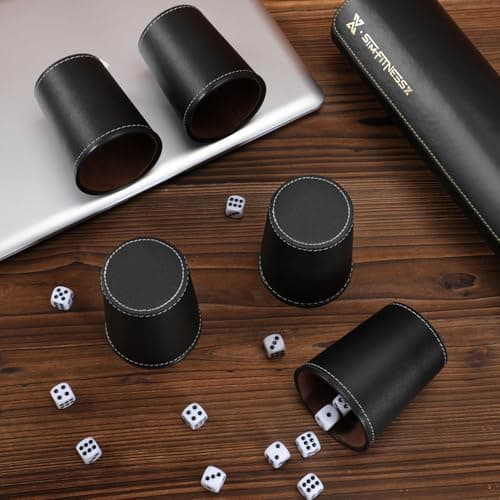 X SIM FITNESSX Leather Dice Cup Set, 5 Black Leather Dice Cups + 25 Dice + Exclusive Storage and Transport Case Made of Faux Leather with Magnetic Closure — view 3