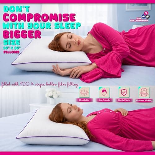 Extra Jumbo Bed Pillows Pair 20 x 30 Inch Soft Sleeping Pillow with Orthopedic Support Purple Piping for Side Back & Stomach Sleepers, White (Pack-2) — view 5
