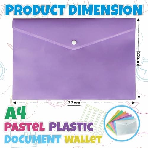 M1SS Pack of 10 Plastic Wallets A4 [33 x 23cm] Waterproof Plastic Folders for Documents Purple Popper Wallet A4 with Snap Button for Home, Office, School and Travel Stationary Paper Filing — view 2