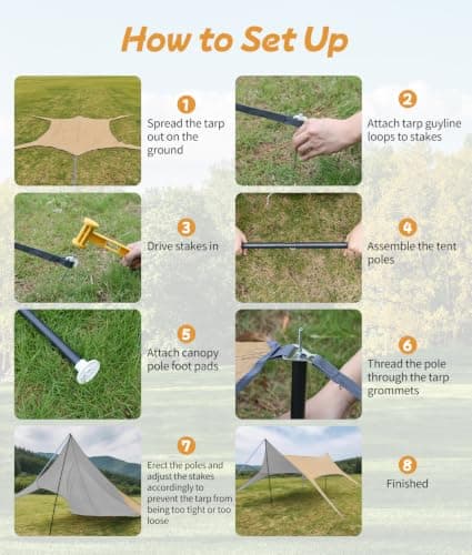 WADEO Camping Tarp Shelter with Poles, Waterproof Heavy Duty Bushcraft Tarp, Rain Fly Hammock Cover, Outdoor Shelter for Camping, Hiking, Festival (New Khaki - 3x4.5m) — view 5