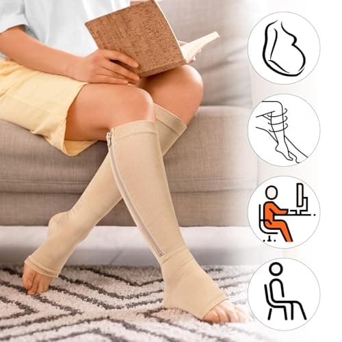 QKURT 2 Pairs Medical Compression Socks, Open Toe Calf Socks Knee High Calf Compression Socks 15-20 mmhg Compression Sports Health Socks with Zipper for Women Men — view 3