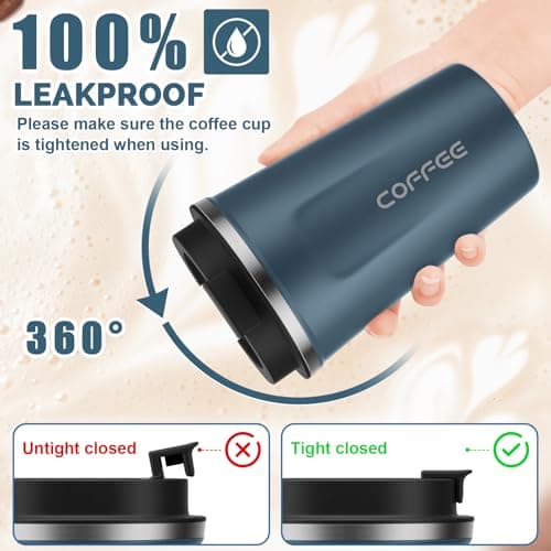 MOMSIV Blue Coffee Cup, Vacuum Reusable Leakproof Double Wall Coffee Cup, Insulation Stainless Steel Eco-Friendly Travel Office Mug for Hot Coffee Tea and Cold Drinks, 13oz/380ml — view 5