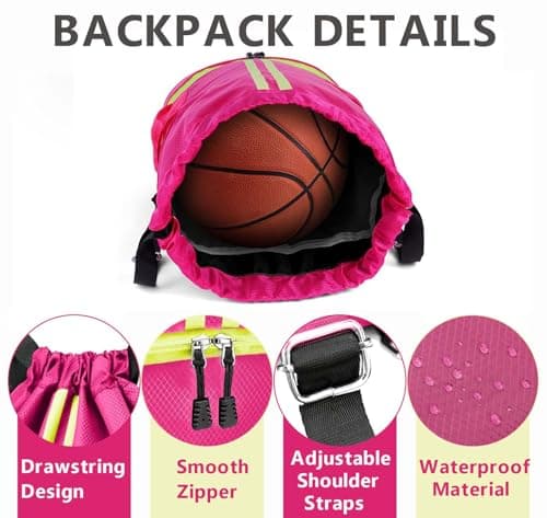 DDSHUN Drawstring Backpack, Waterproof Gym Bag, Unisex Large Oxford PE Pack Students School Backpack Swimming Bag Durable Sports Ball Bag with Shoe Bags (Rose Red) — view 3