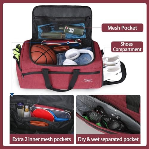 FIORETTO 50L Mens Sports Gym Bag with Wet Pocket & Shoe Compartment,Travel Duffle Bag Overnight Bag with Padded Shoulder Strap, Water-Resistant Sports Holdall for Swimming, Basketball Red — view 2