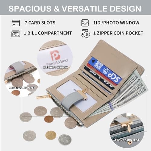 Pomelo Best Women's RFID Wallet - Vegan Leather Bi-fold Small Ladies Purse with Zipper Coin Pocket & ID Window - Leaf Charm Compact Wallet for Women (Grey) — view 2