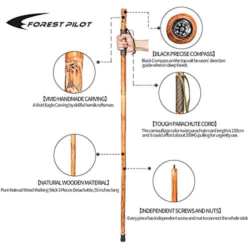FOREST PILOT 3 Pieces Detachable Fir Wood Walking Stick for Hiking with Eagle Carving 48 Inches — view 2